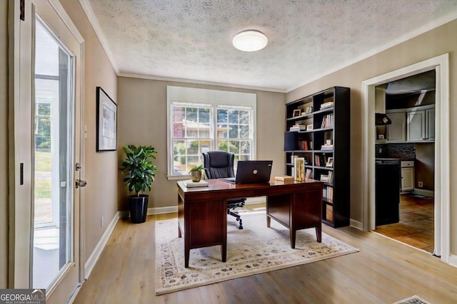 office area with crown molding, a textured ceiling, and light hardwood / wood-style flooring