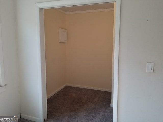 interior space featuring dark colored carpet