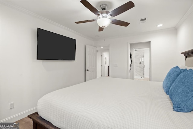 bedroom with ensuite bathroom, crown molding, ceiling fan, and hardwood / wood-style floors