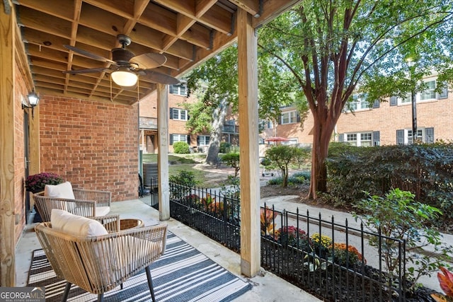 balcony featuring ceiling fan