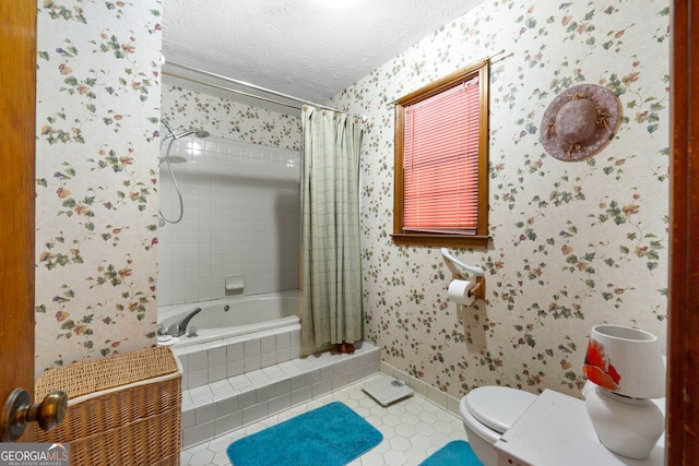 bathroom with a textured ceiling, tile patterned floors, toilet, and shower / tub combo with curtain