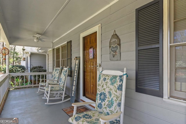 view of patio / terrace featuring ceiling fan and covered porch