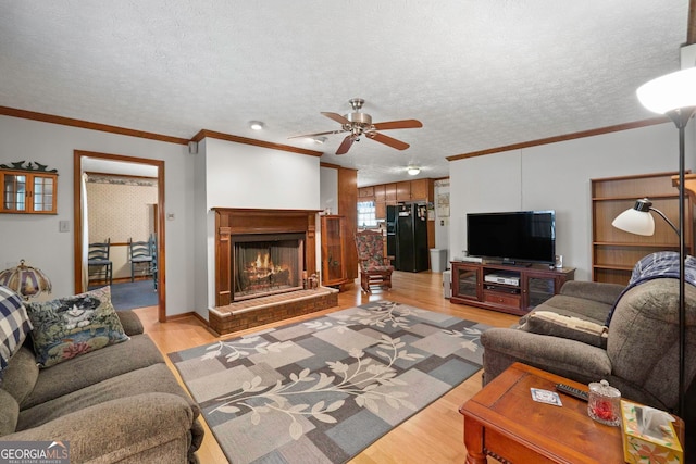 living room featuring ceiling fan, light hardwood / wood-style floors, crown molding, and a textured ceiling