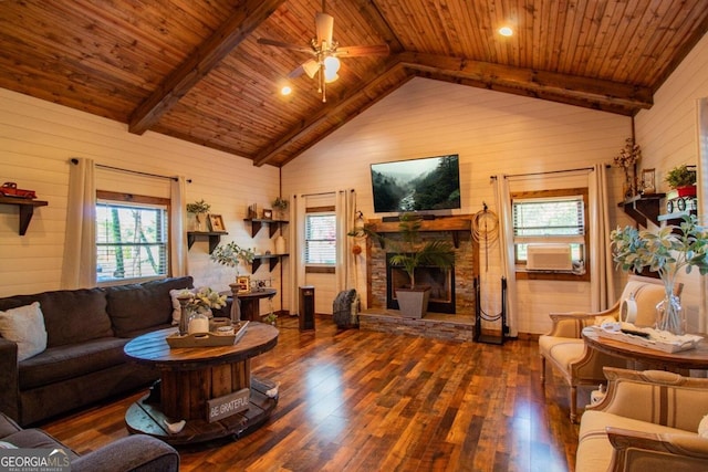 living room with dark wood-type flooring, plenty of natural light, wood ceiling, and a fireplace