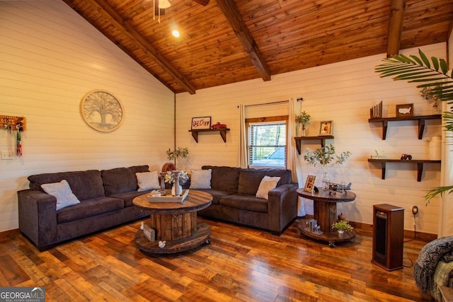 living room with beamed ceiling, ceiling fan, wooden walls, dark hardwood / wood-style floors, and wooden ceiling