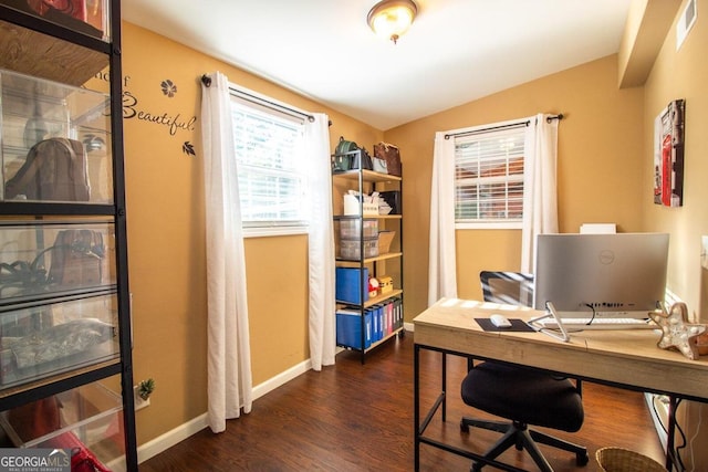 office area with lofted ceiling and dark hardwood / wood-style flooring