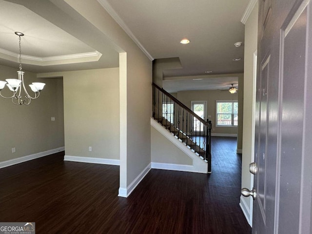 foyer with ceiling fan with notable chandelier, ornamental molding, a tray ceiling, and dark hardwood / wood-style flooring