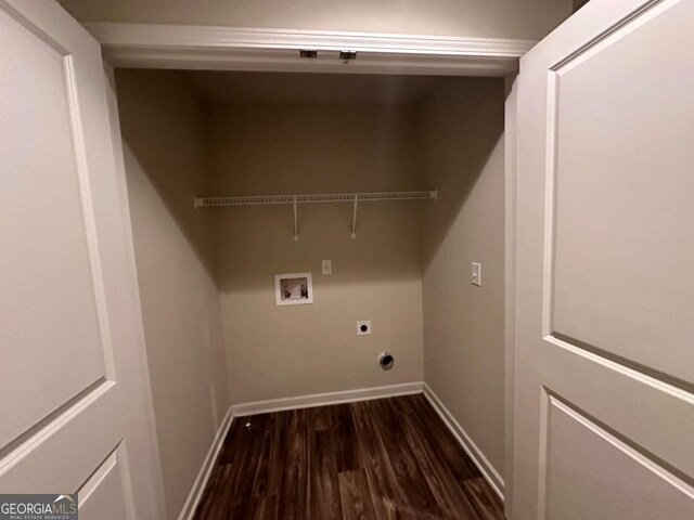 laundry area with electric dryer hookup, hookup for a washing machine, and dark hardwood / wood-style flooring