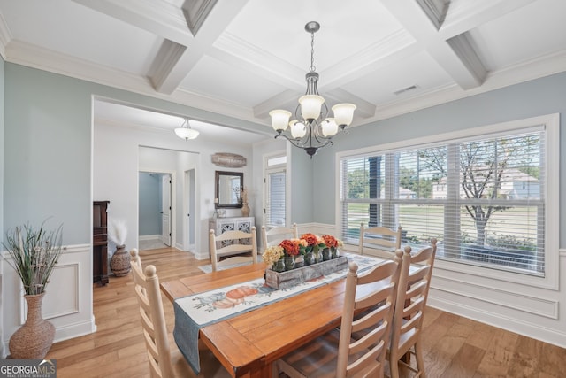 dining area with ornamental molding, coffered ceiling, wood-type flooring, and beam ceiling