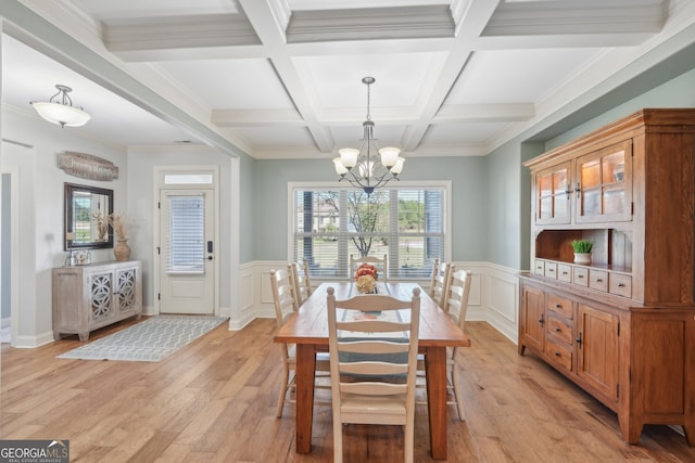 dining room featuring coffered ceiling, light wood-type flooring, and beam ceiling