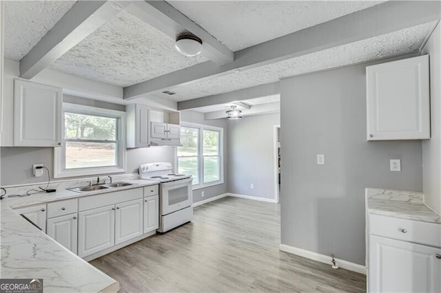 kitchen with light wood-type flooring, beamed ceiling, white cabinets, sink, and electric stove