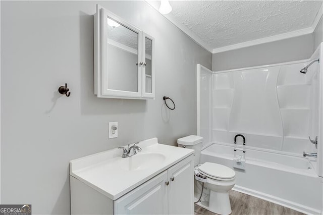 full bathroom with vanity, toilet, a textured ceiling, shower / tub combination, and hardwood / wood-style floors