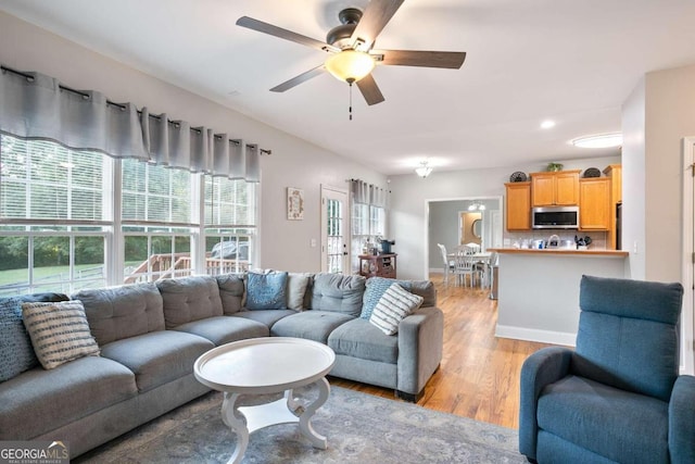 living room with ceiling fan and light hardwood / wood-style flooring