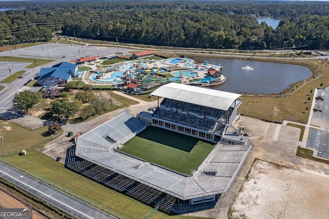 drone / aerial view with a water view