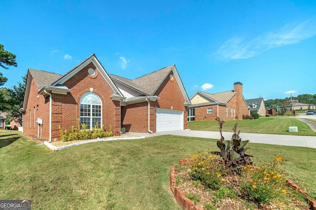 single story home featuring a front lawn and a garage