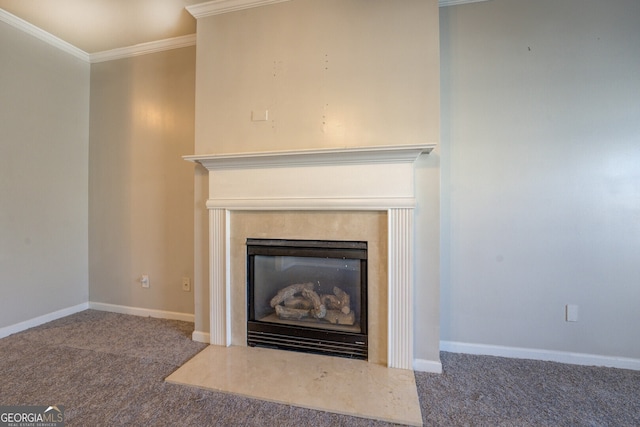 details with ornamental molding and carpet