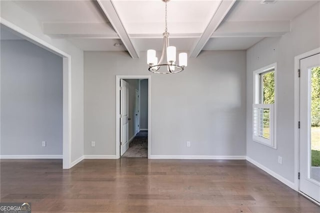 unfurnished dining area featuring beamed ceiling, dark hardwood / wood-style flooring, and an inviting chandelier