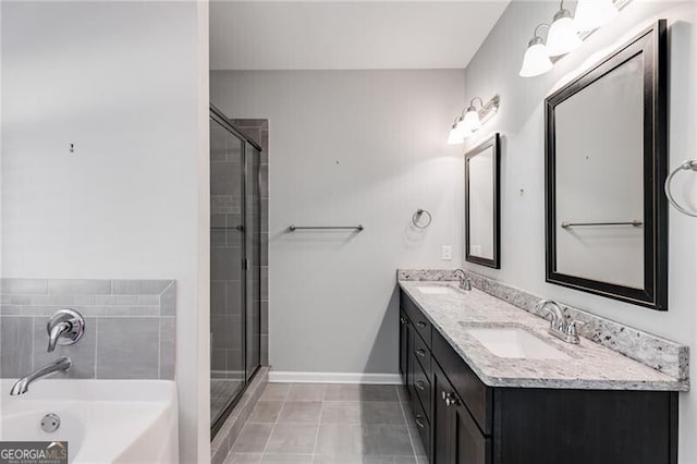 bathroom with vanity, plus walk in shower, and tile patterned flooring