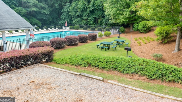 view of pool with a yard