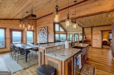 kitchen with light stone counters, pendant lighting, light hardwood / wood-style flooring, and a healthy amount of sunlight