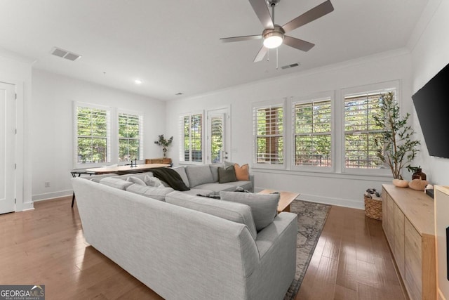 living room featuring crown molding, ceiling fan, and dark wood-type flooring