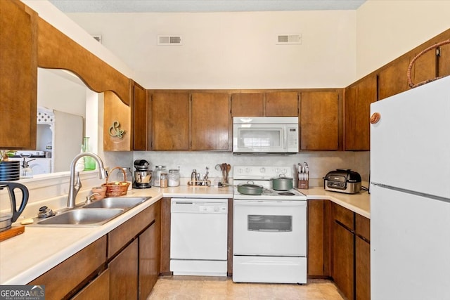 kitchen featuring decorative backsplash, white appliances, and sink