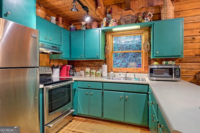 kitchen with sink, wood ceiling, stainless steel appliances, and light hardwood / wood-style flooring