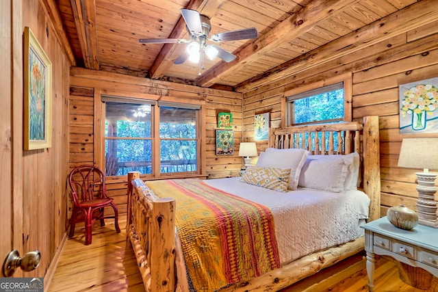 bedroom featuring ceiling fan, beamed ceiling, wood ceiling, and light hardwood / wood-style floors