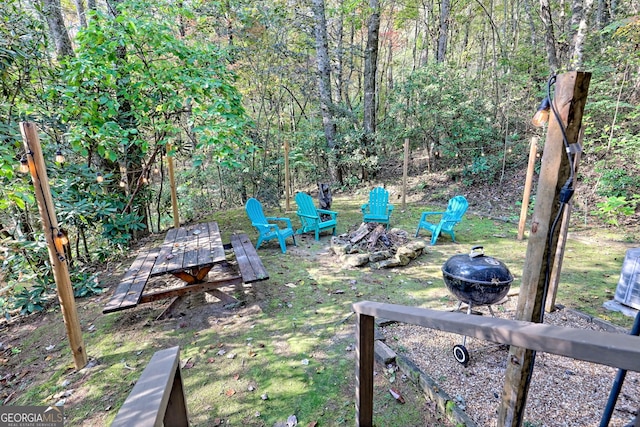 view of yard featuring an outdoor fire pit