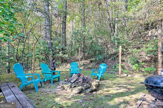 view of yard with a fire pit