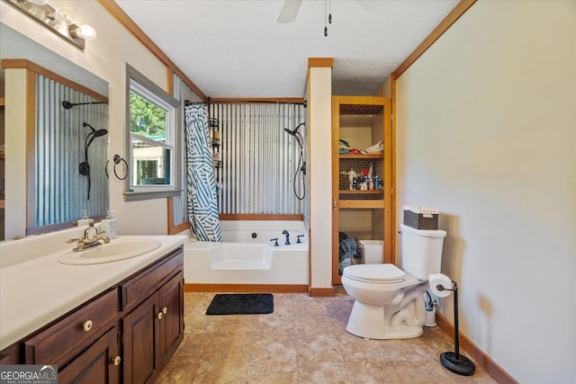 full bathroom featuring toilet, separate shower and tub, ornamental molding, vanity, and a textured ceiling