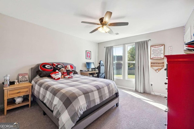 carpeted bedroom with ceiling fan