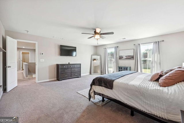 bedroom featuring ceiling fan and light carpet