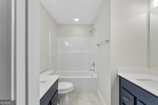 full bathroom with vanity, tub / shower combination, and toilet