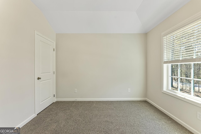 unfurnished room with lofted ceiling and carpet flooring