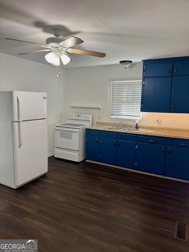 kitchen featuring sink, white appliances, ceiling fan, blue cabinetry, and dark wood-type flooring