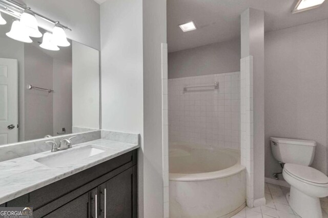 full bathroom with vanity, toilet, and plus walk in shower