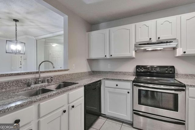 kitchen with light tile patterned flooring, black dishwasher, electric range, sink, and white cabinetry