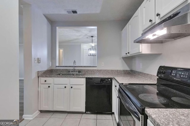 kitchen with light tile patterned floors, sink, a textured ceiling, white cabinetry, and black appliances