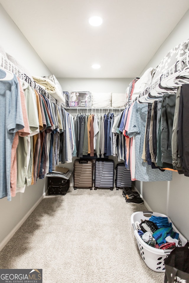 walk in closet with carpet flooring