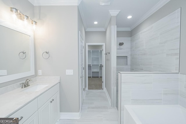 245 Ryan Nicholas Dr, Kingsland, GA 31548 - full bath with vanity, ornamental molding, baseboards, a tub, and tiled shower