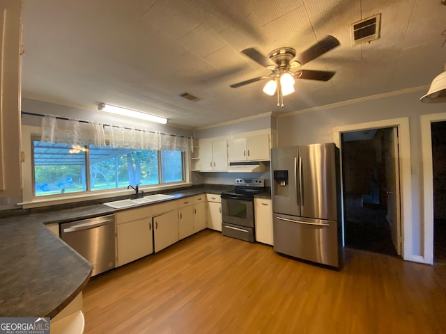 kitchen featuring ceiling fan, sink, white cabinetry, light hardwood / wood-style flooring, and appliances with stainless steel finishes