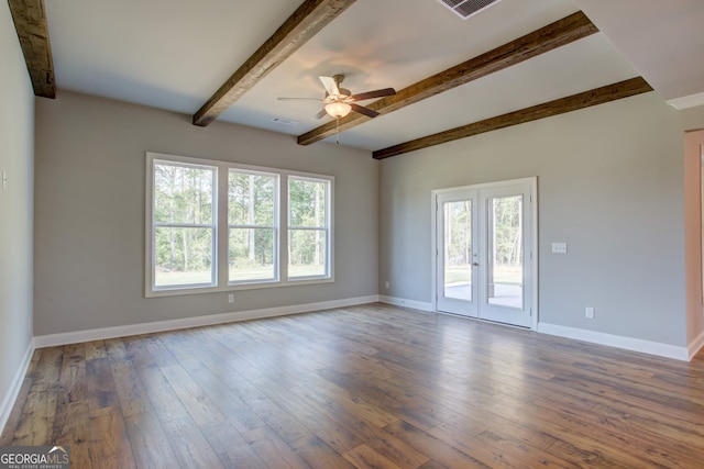 unfurnished room with beamed ceiling, wood-type flooring, french doors, and ceiling fan