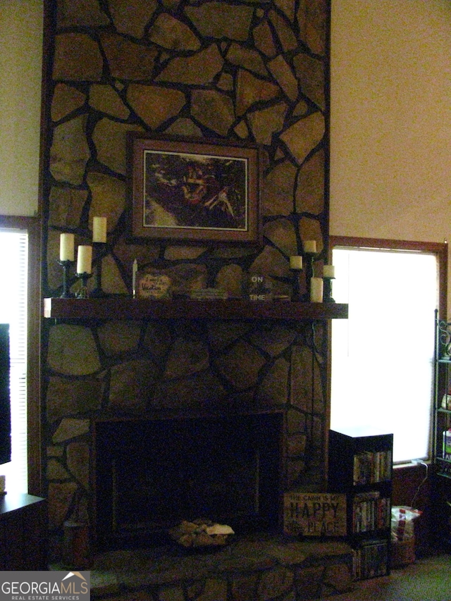 details with a stone fireplace