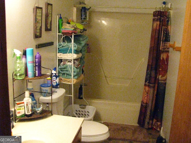 full bathroom with vanity, toilet, and shower / bathtub combination with curtain