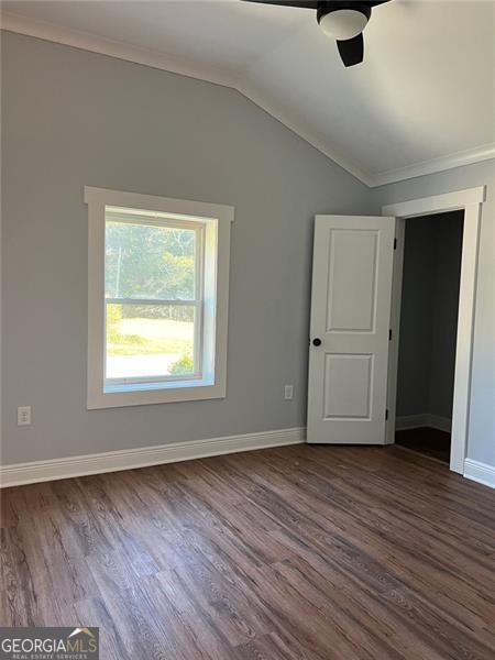 empty room featuring crown molding, dark wood-type flooring, and vaulted ceiling