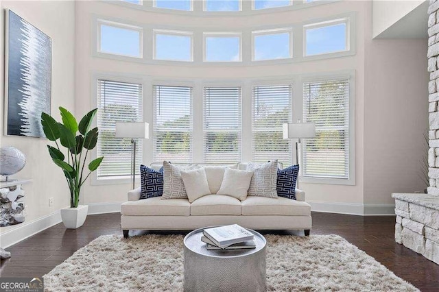 living room with a healthy amount of sunlight, a towering ceiling, and dark hardwood / wood-style flooring