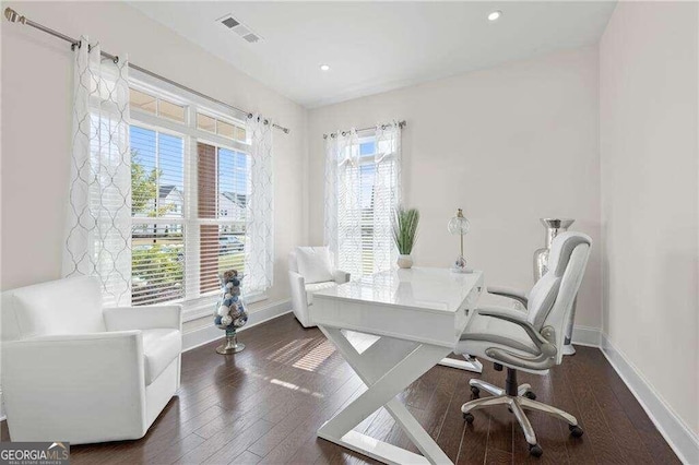 office area featuring dark hardwood / wood-style floors and a healthy amount of sunlight