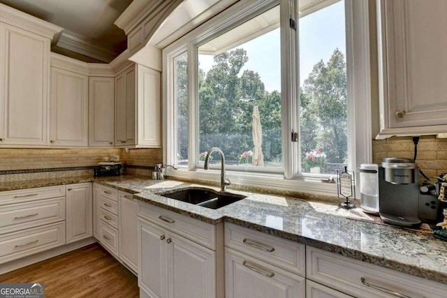 kitchen with a healthy amount of sunlight, sink, and light stone countertops