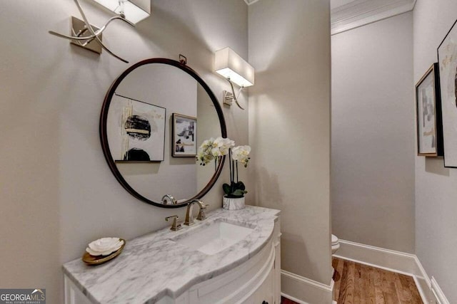 bathroom featuring toilet, vanity, and wood-type flooring